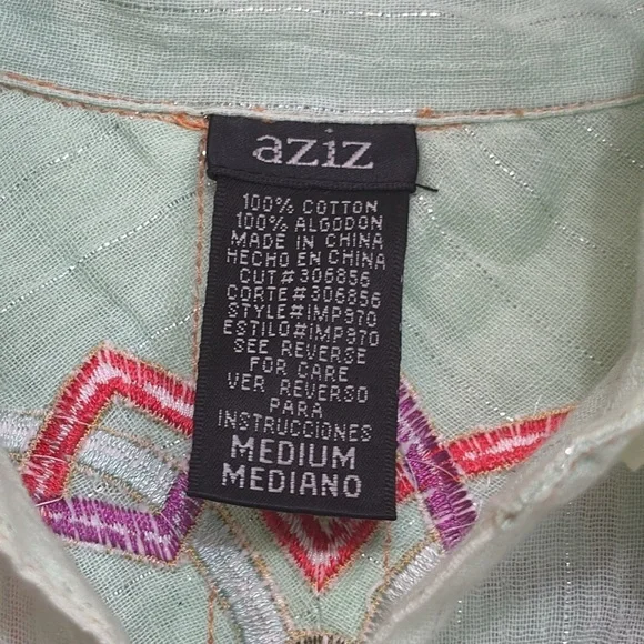 Aziz | Mint Green Floral Embroidered Metallic Thread Cotton Button Up Shirt M - Picture 13 of 17
